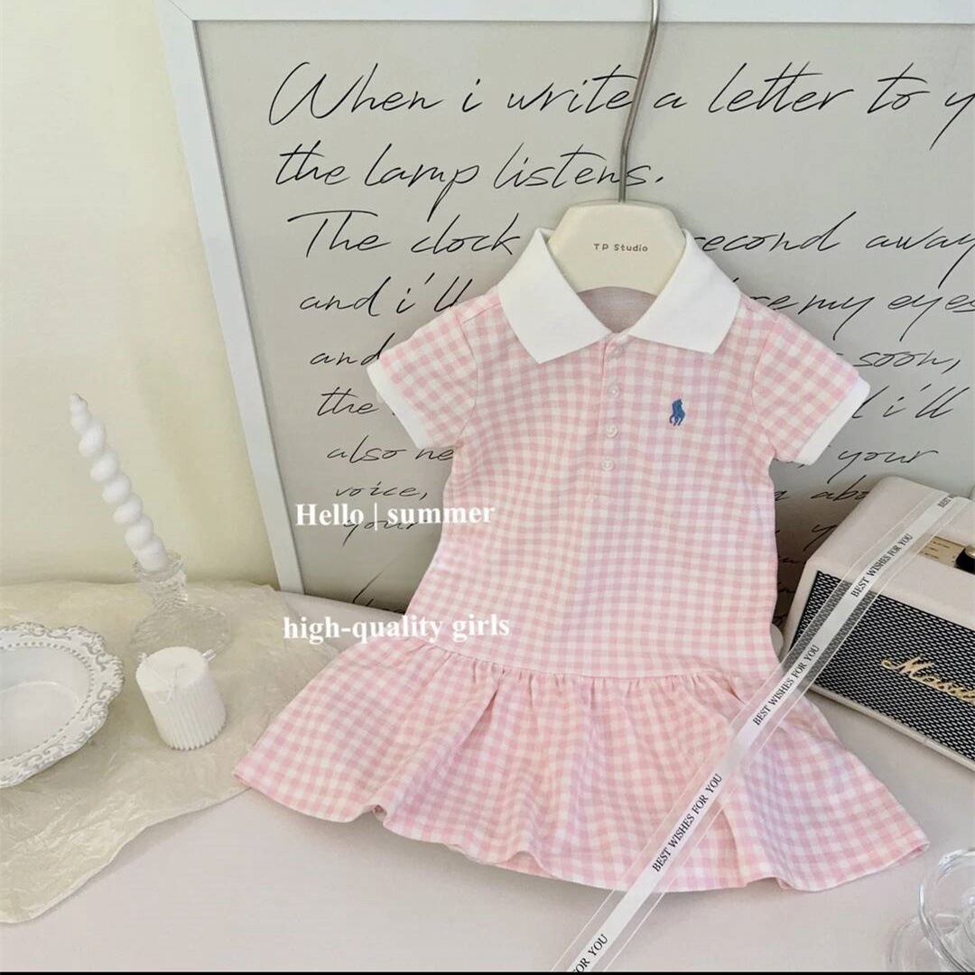 Xianning siete ropa para niños vestido de niña 25 verano nuevo estilo niña estilo extranjero vestido de encaje a cuadros con cuello Polo