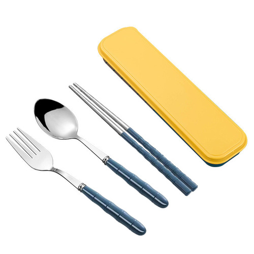 Bamboo chopsticks spoon set 304 stainless steel tableware three-piece set student fork internet celebrity Japanese style portable tableware