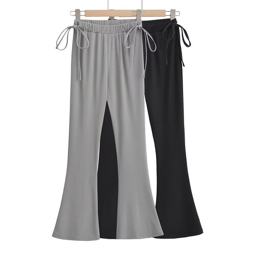 Cross-border women's clothing wholesale European and American style new women's clothing design shows slimmer, wide-leg pants, drawstring, leg-showing, long bell-bottom pants