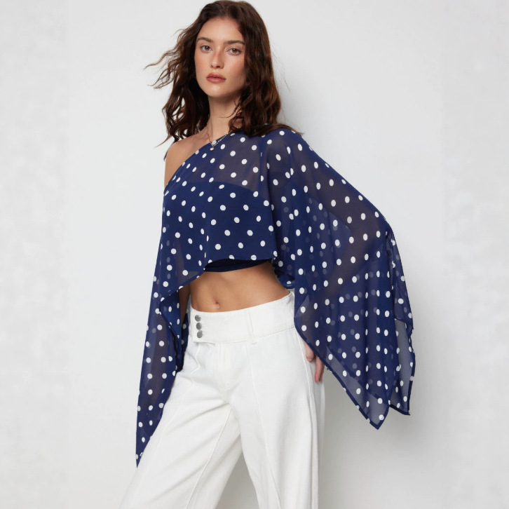 2026 European and American Style Cross-Border Spring and Summer New Women's Clothing Sexy Mesh See-Through Polka Dot Cape Blouse Top in Stock