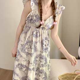 复古水墨画花边V领吊带裙夏日新品纯欲风少女宽松家居服睡裙批发