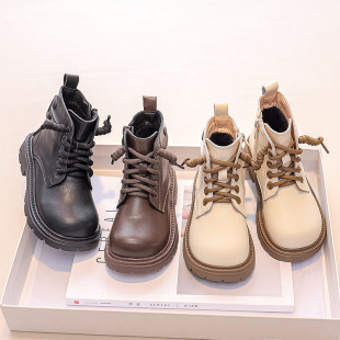 On behalf of girls Martin boots children's leather short boots 2024 new baby autumn and winter fleece-lined girls two cotton shoes