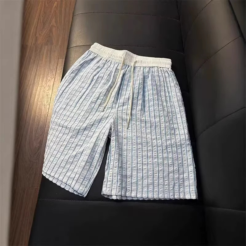 Men's Thin Seersucker Ice Silk Plaid Quick Drying Beach Shorts Summer Athletic Capri Pants_viptrois.com