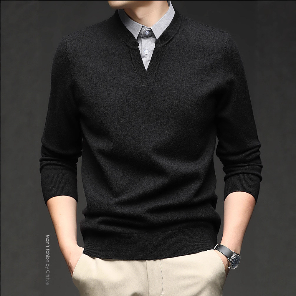 Primavera y otoño con solapa de manga larga de hombre base popular camiseta de punto de hombre falsa dos piezas de chaqueta simple suéter casual suelto