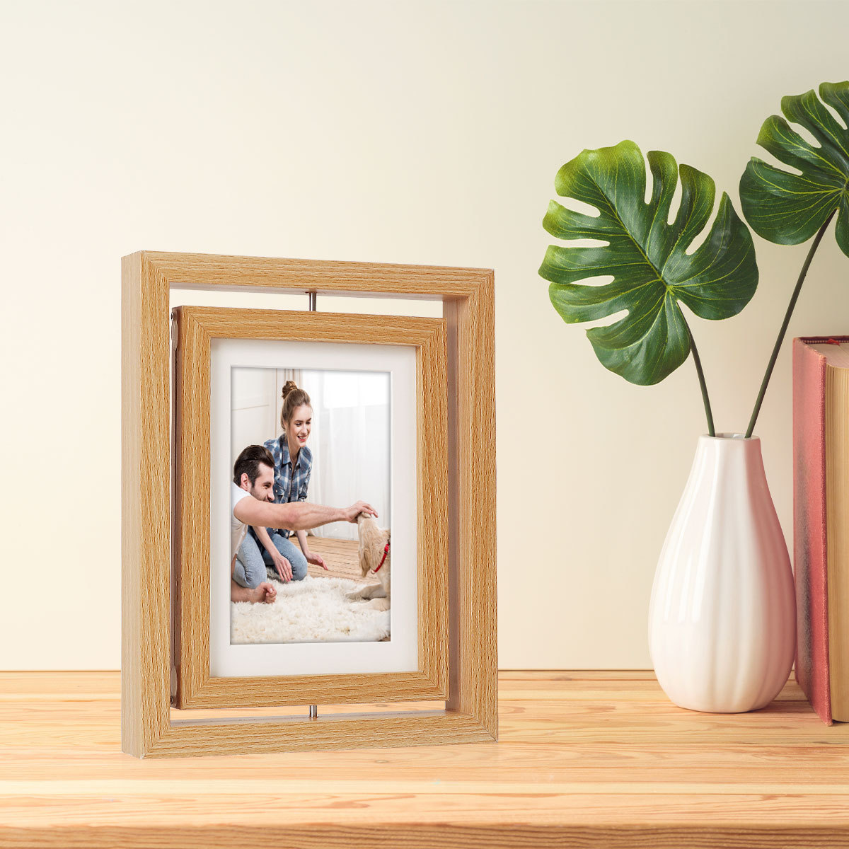 Creativo de doble cara giratorio marco de madera de 7 pulgadas marco de foto stand DIY hecha a mano mascota perro gato huellas de manos y pies marco de regalo