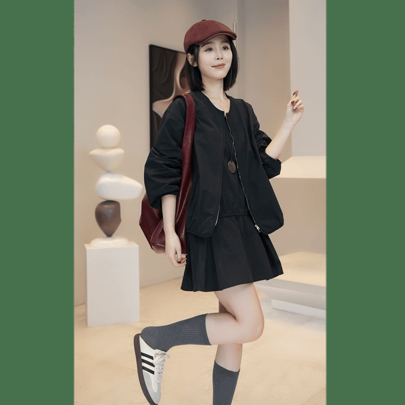 设计感穿搭一整套2025春季新款复古气质圆领拉链短外套吊带裙女装|undefined