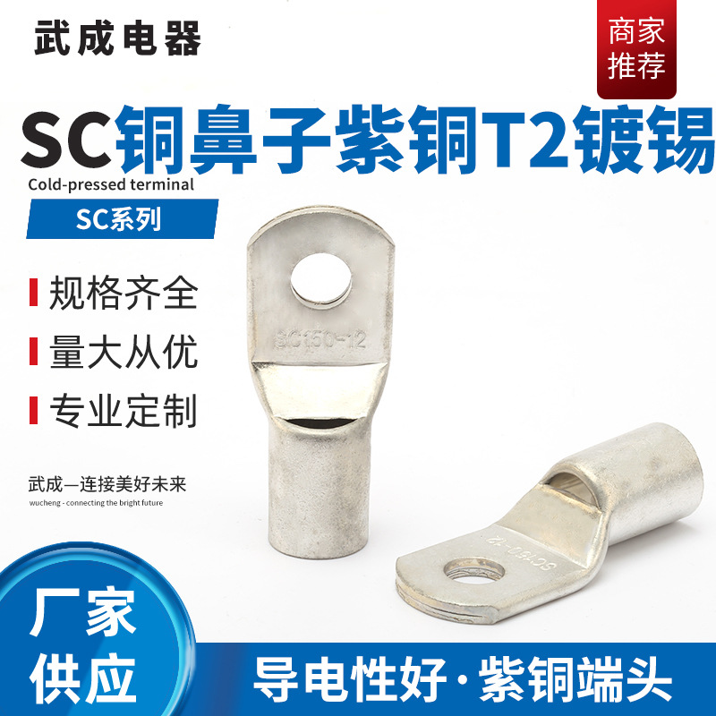销售紫铜T2镀锡SC铜鼻子窥口铜端子SC150-12紫铜接线端子铜鼻子