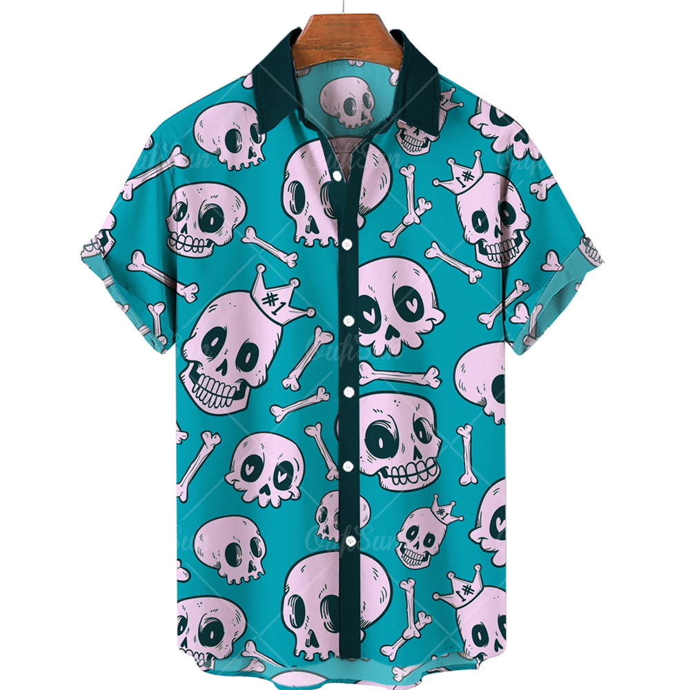 2022 New Fashion Summer Casual Skull Print Hawaiian Shirt Men's Vacation Seaside Trade