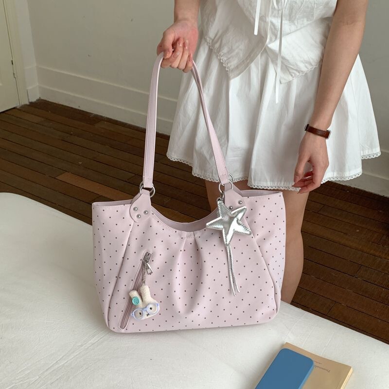 Korean-Style Polka Dot Pu Tote Bag for Women, Large Capacity Commuter Shoulder Bag, New Style Versatile Handbag for Students Attending Class Korean-Style Polka Dot Pu Tote Bag for Women, Large Capacity Commuter Shoulder Bag, New Style Versatile Handbag for Students Attending Class