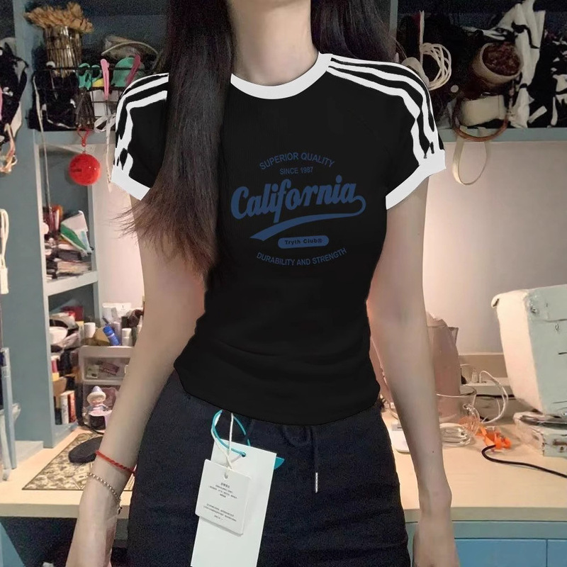 アメリカンスリーバー ストライプ半袖Tシャツ レディース レトロ 和風 薄手 甘辛 夏新作 右肩ショート インストップス|undefined