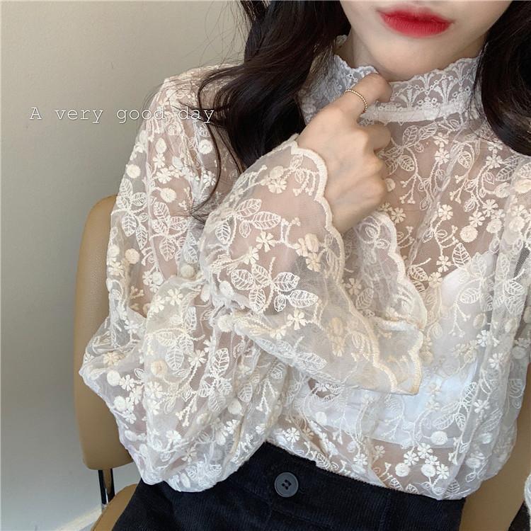 Plus Size Fat Spring & Fall Sweet Super Fairy Lace Shirt for Fat Girls Loose Mesh Inner Autumn and Winter Bottoming Top