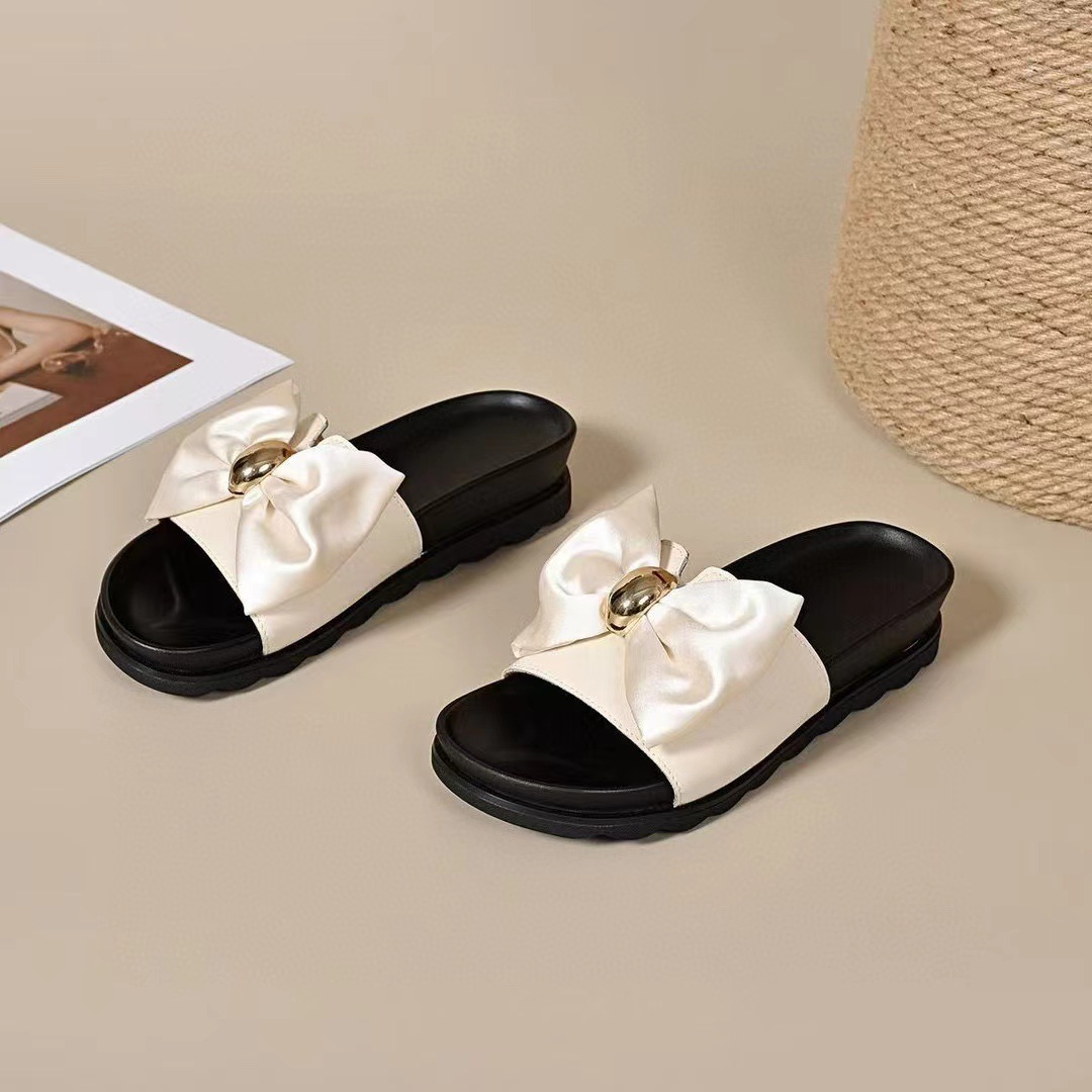 Dép sandal nữ đế bằng da thật quai ngang nơ đi ngoài trời — đen chi tiết 9