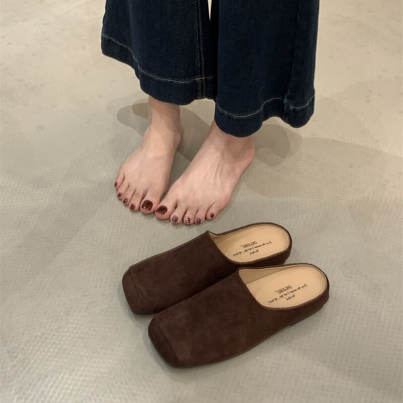 春夏2025新款麂皮穆勒鞋凉拖鞋女尖头绒面低跟单鞋简约包头半拖鞋|undefined