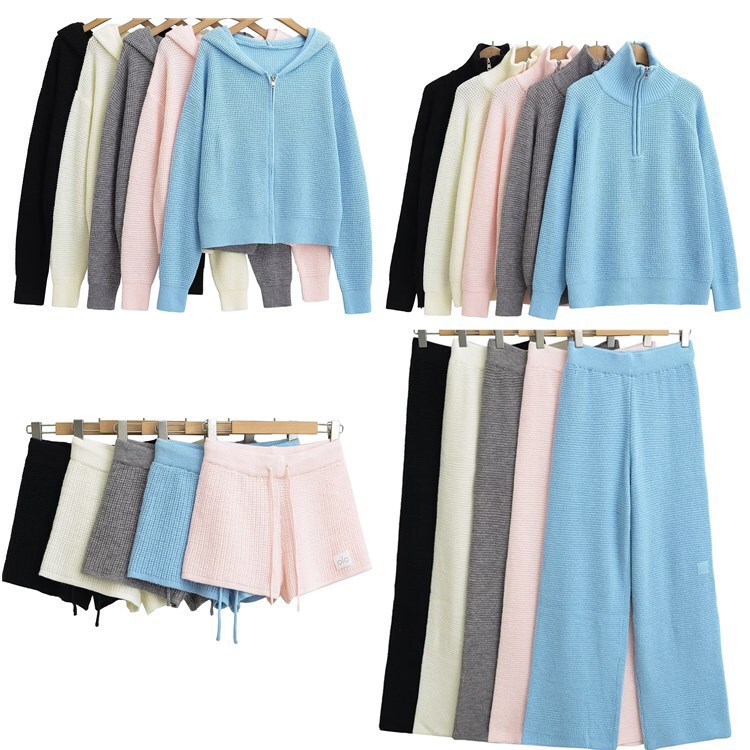 Hooded Long Sleeve Sweater Coat suit Women's 2025 Spring Waffle Half Zip Knitted Top Wide Leg Pants Shorts