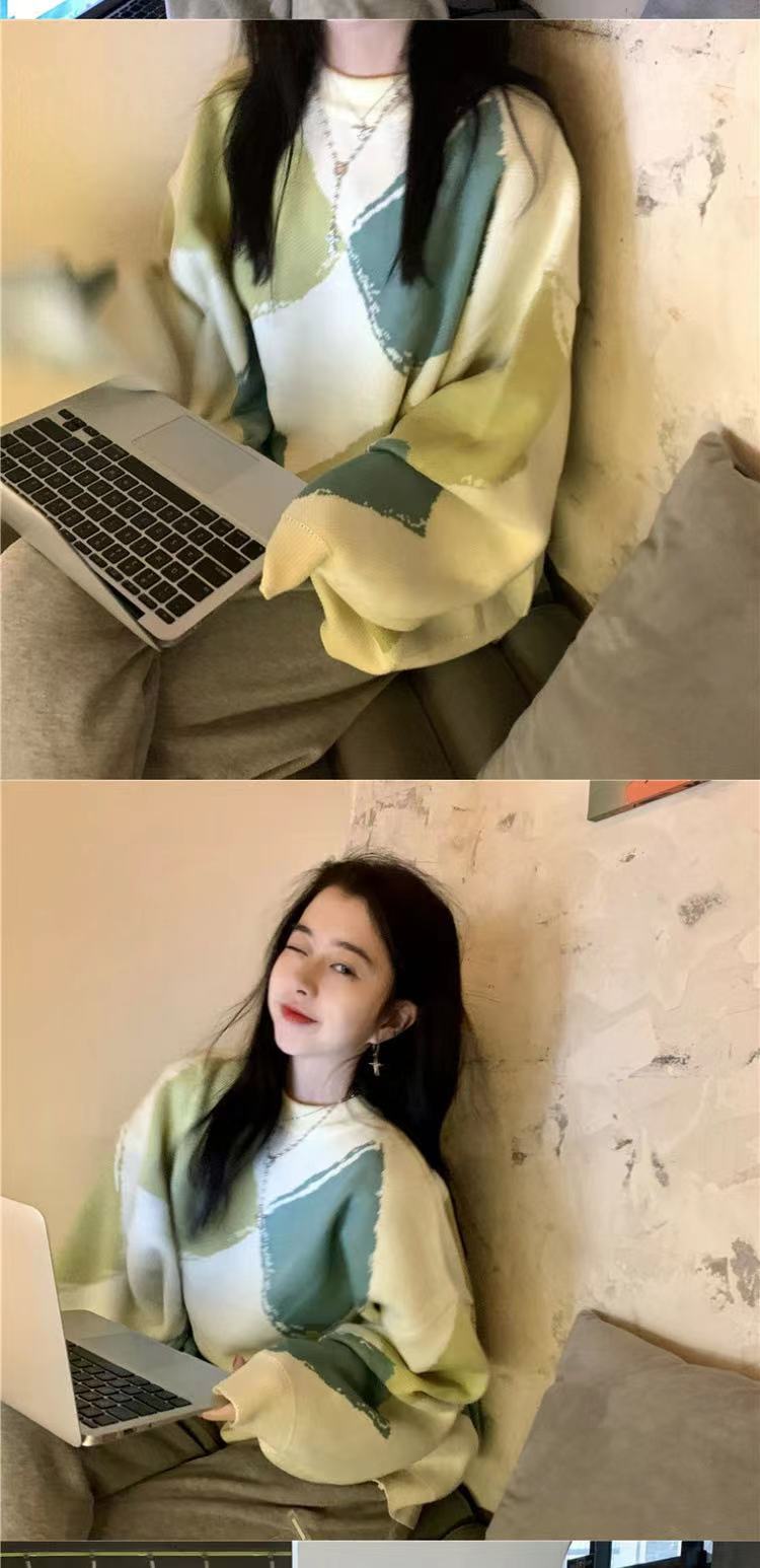 新款菱格撞色毛衣女 休闲宽松减龄套头针织衫慵懒风圆领打底衫潮