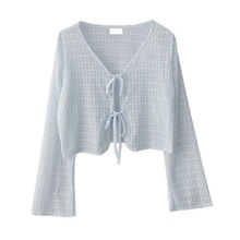 气质仙气夏季薄款蕾丝镂空绑带开衫外搭冰丝短款网纱防晒衫长袖女