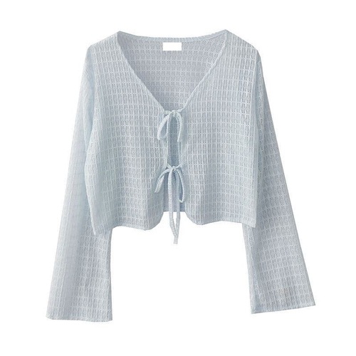 Chic summer thin lace mesh strappy sweater for outerwear, ice silk short mesh sun shirt with long sleeves for women