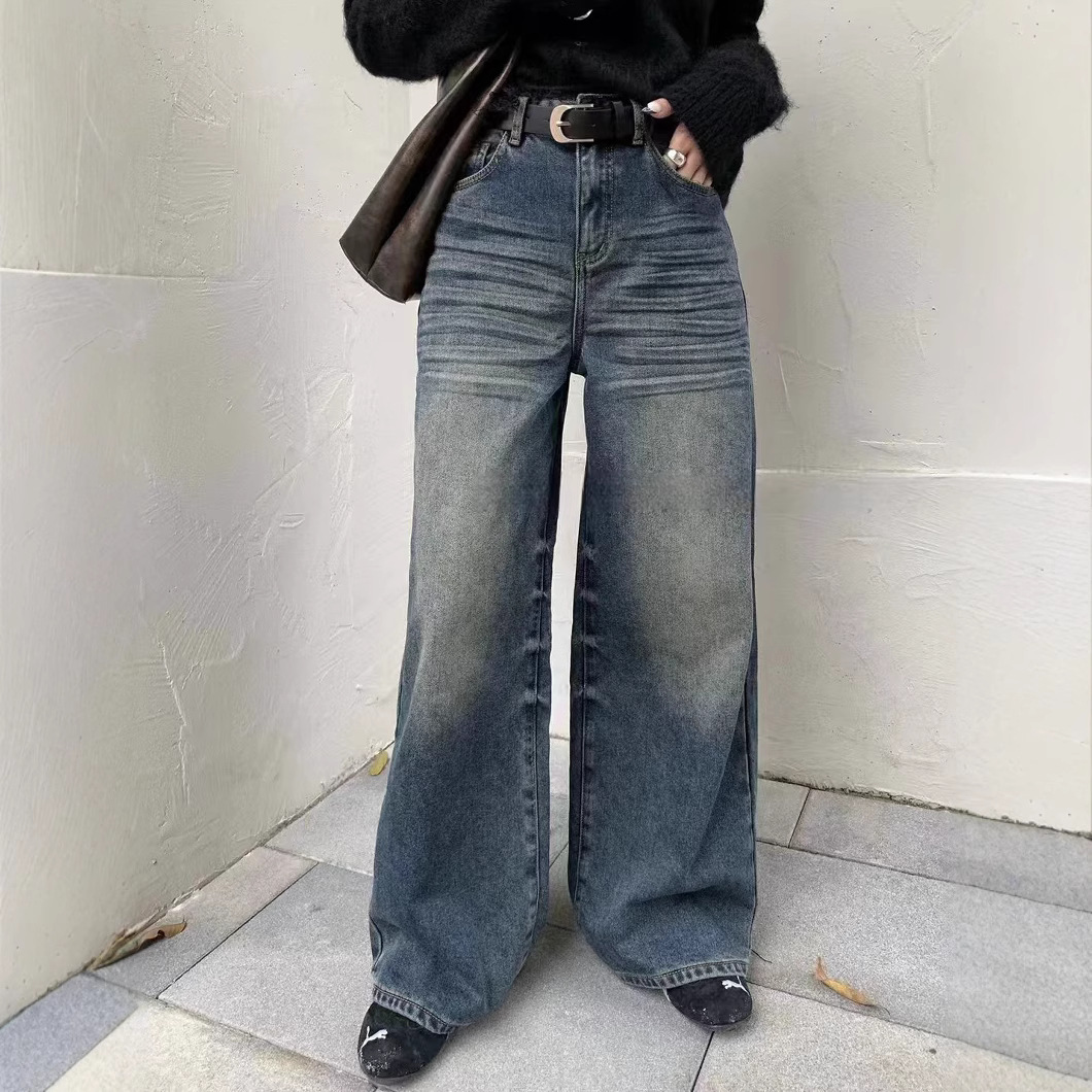 New American style casual lazy style high-end jeans pleated retro floor wide-leg pants
