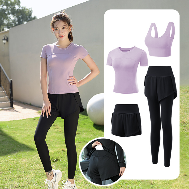 Trajes de yoga para mujeres de verano para correr ropa deportiva suelta rápida ropa seca bolsillo para correr trajes de mujeres de la mañana para correr comercio exterior