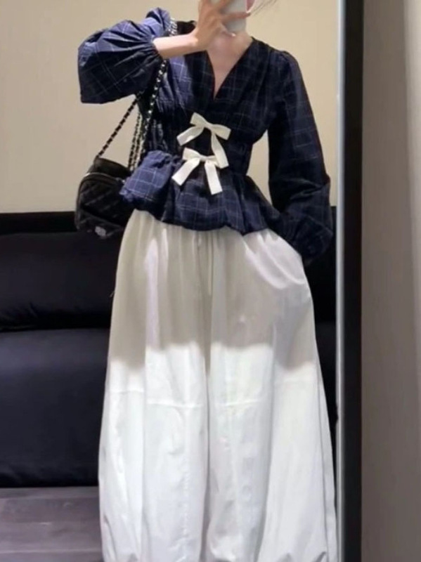 早秋新款韩系穿搭蝴蝶结收腰格纹长袖上衣气质高腰花苞半身裙|undefined