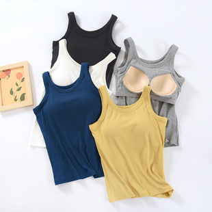 Vest with Chest Pad Sling Wide Shoulder Strap Base Cup Bra One-piece Underwear Long Top Anti-slip Sleeveless Women