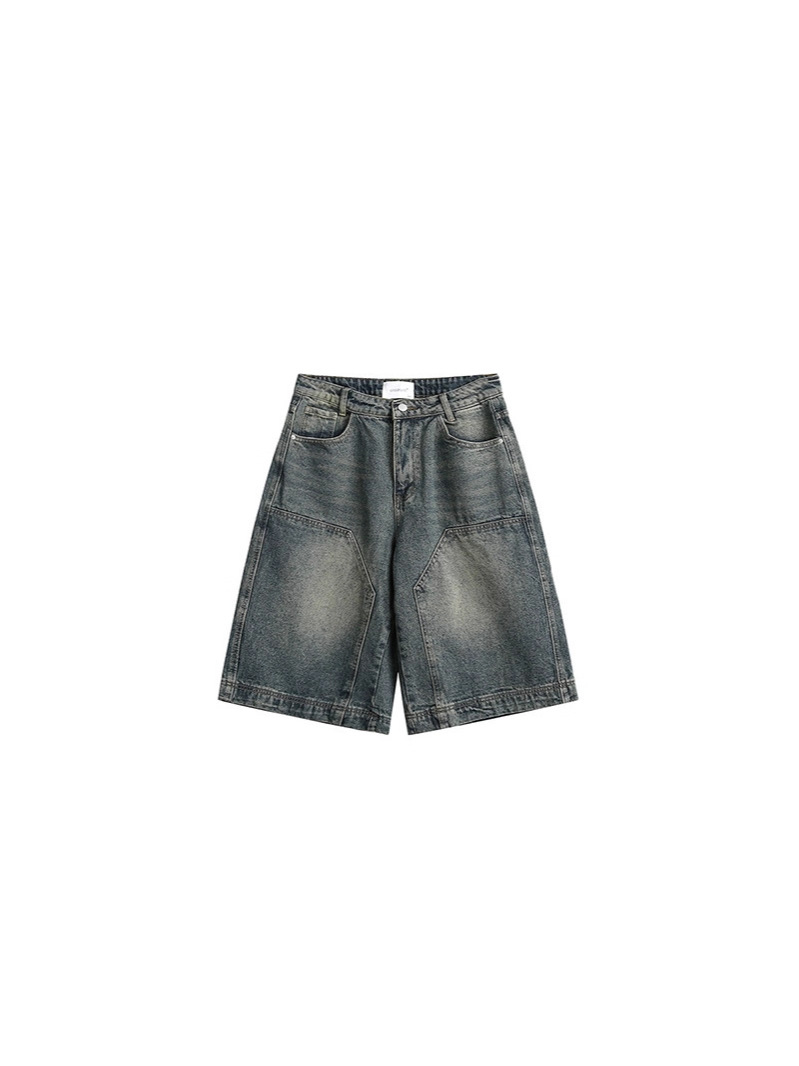 Camisas poco ropa pesada lavado con agua jeans cortos de moda masculinos retro lavado con agua nicho diseño de pantalones de piernas anchas