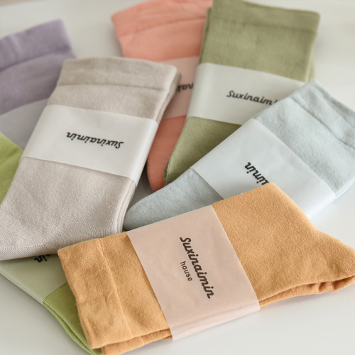 Spring and summer new candy color pile socks Morandi color Korean version solid color trendy wide mouth women's mid-tube confinement socks