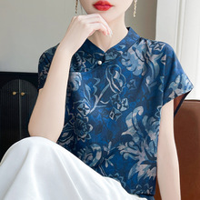 夏季真丝香云纱印花新中式短袖上衣女国风改良盘扣旗袍领衬衫代发