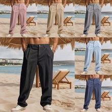 2025跨境欧美亚马逊新款男运动休闲亚麻条纹长裤宽松百搭薄款男裤