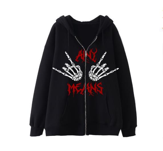 2022 Dark Series Fermuarlı Punk Tarzı El Kemiği Baskılı Kapüşonlu Niş Gotik Hırka Polar Ceket_voghion.com