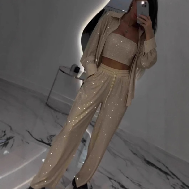 2025 European and American Cross-Border Amazon Independent Site Loose Casual Sequined Blazer, Tube Top, Wide-Leg Pants Three-Piece Set 2025 European and American Cross-Border Amazon Independent Site Loose Casual Sequined Blazer, Tube Top, Wide-Leg Pants Three-Piece Set
