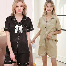 新款翻领大码短袖睡衣 仿真丝开衫两件套 夏季代发厂家冰丝家居服