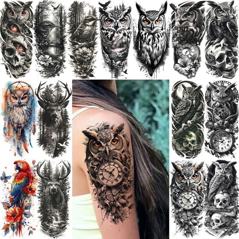Cross-Border New Product Owl Flower Tattoo Stickers Temporary Tattoos for Arms and Calves Temu Europe and America Amazon Tattoo