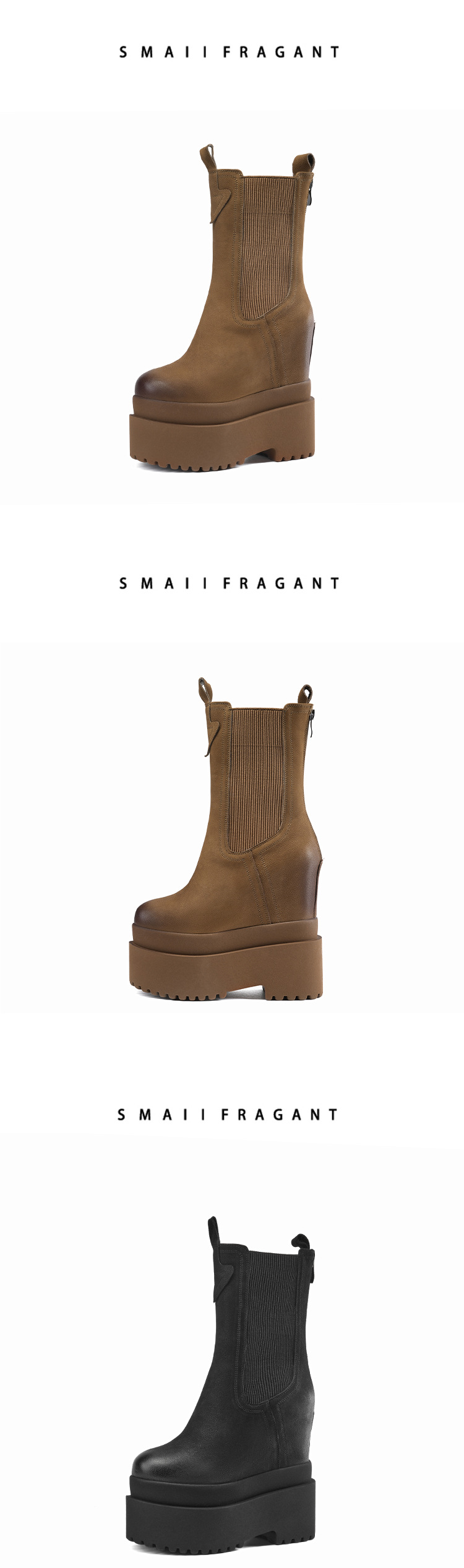 Boot Chelsea nữ cổ thun đế siêu cao 16cm da thật — Màu đen lót nhung chi tiết 7