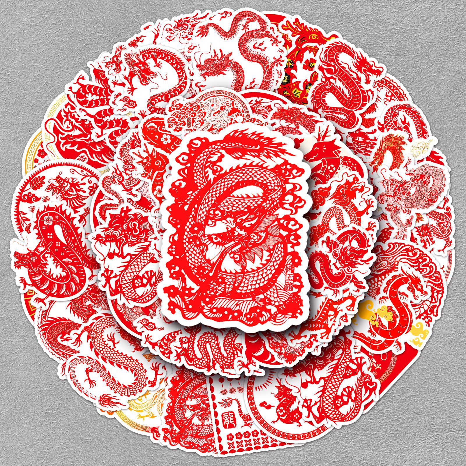 50张中国龙红色新年春节中国风龙年十二生肖卡通电脑手账咕卡贴纸