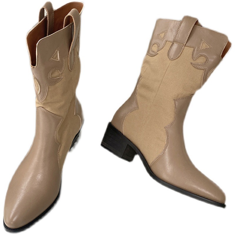 2024 Fashion Pointed Korean Edition Temperament Splicing Simple and Versatile Sleeve Thick Heel Short Boots for Women_voghion.com