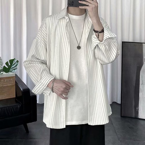 Striped shirt jacket for men, Hong Kong style, Japanese casual loose clothing, trendy black men's long sleeve shirt, summer thin