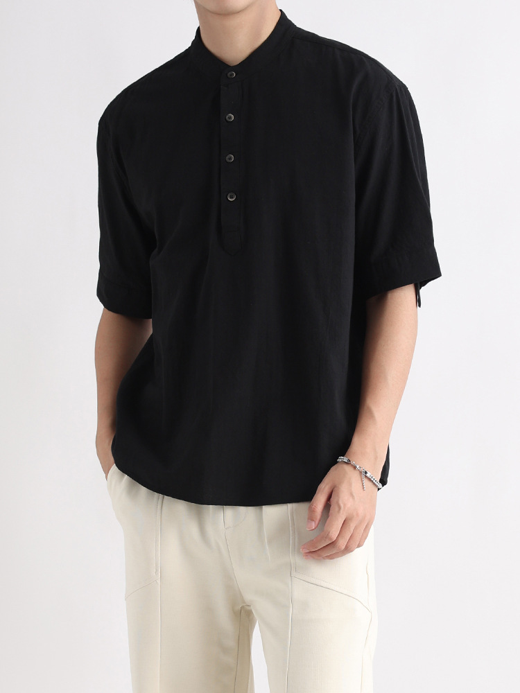 Camisa de hombre de manga corta con cuello Henry de algodón pesado, ropa de hombre suelta, marca de moda de verano para hombre, camisa casual de alta gama, verano para hombre