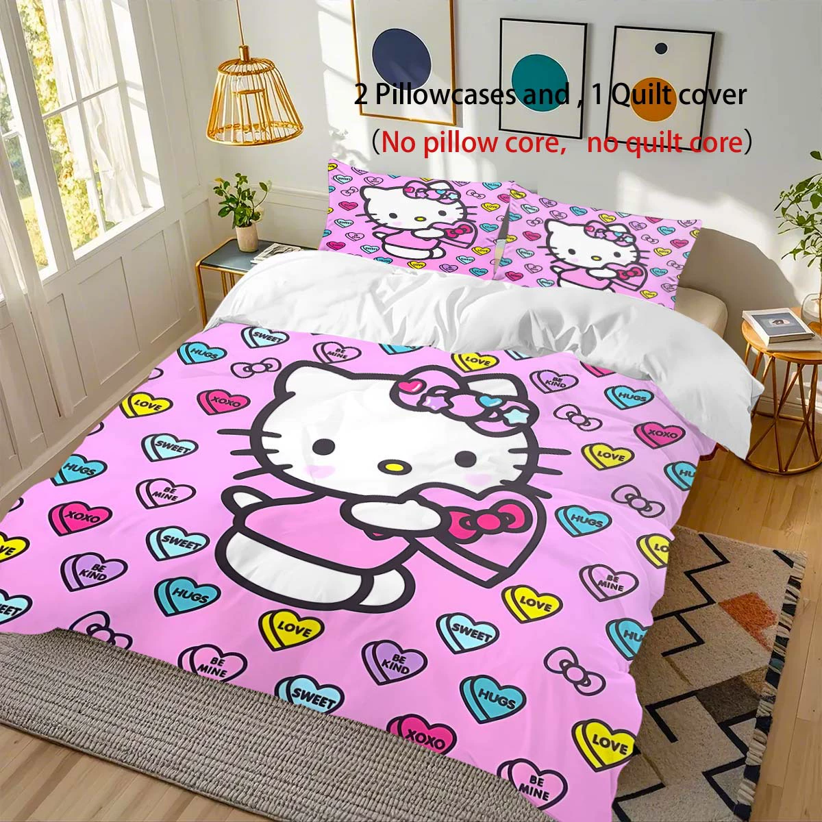 Sanrio, hello kitty, cartoon bedspread, set with zipper, print, polyester