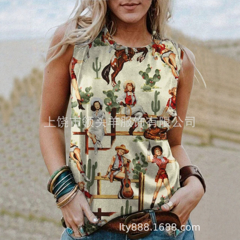 European and American Western Style Cactus Print Sleeveless Vest for Women, Retro American Style Loose Casual Top, Cross-Border Supply