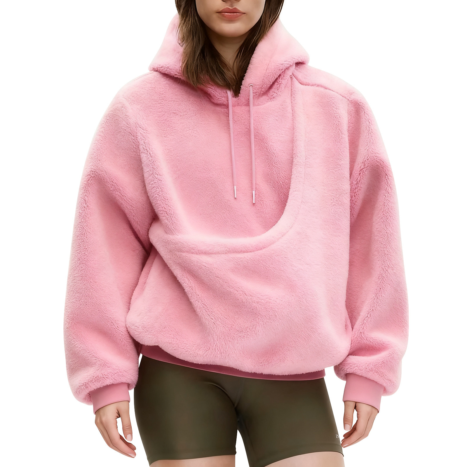 BK8837# Amazon Avrupa Amerika Sonbahar Kış Sınır Ötesi Düz Renk Kapşonlu Peluş Evcil Hayvan Cepli Geniş Kesim Sweatshirt Kadın