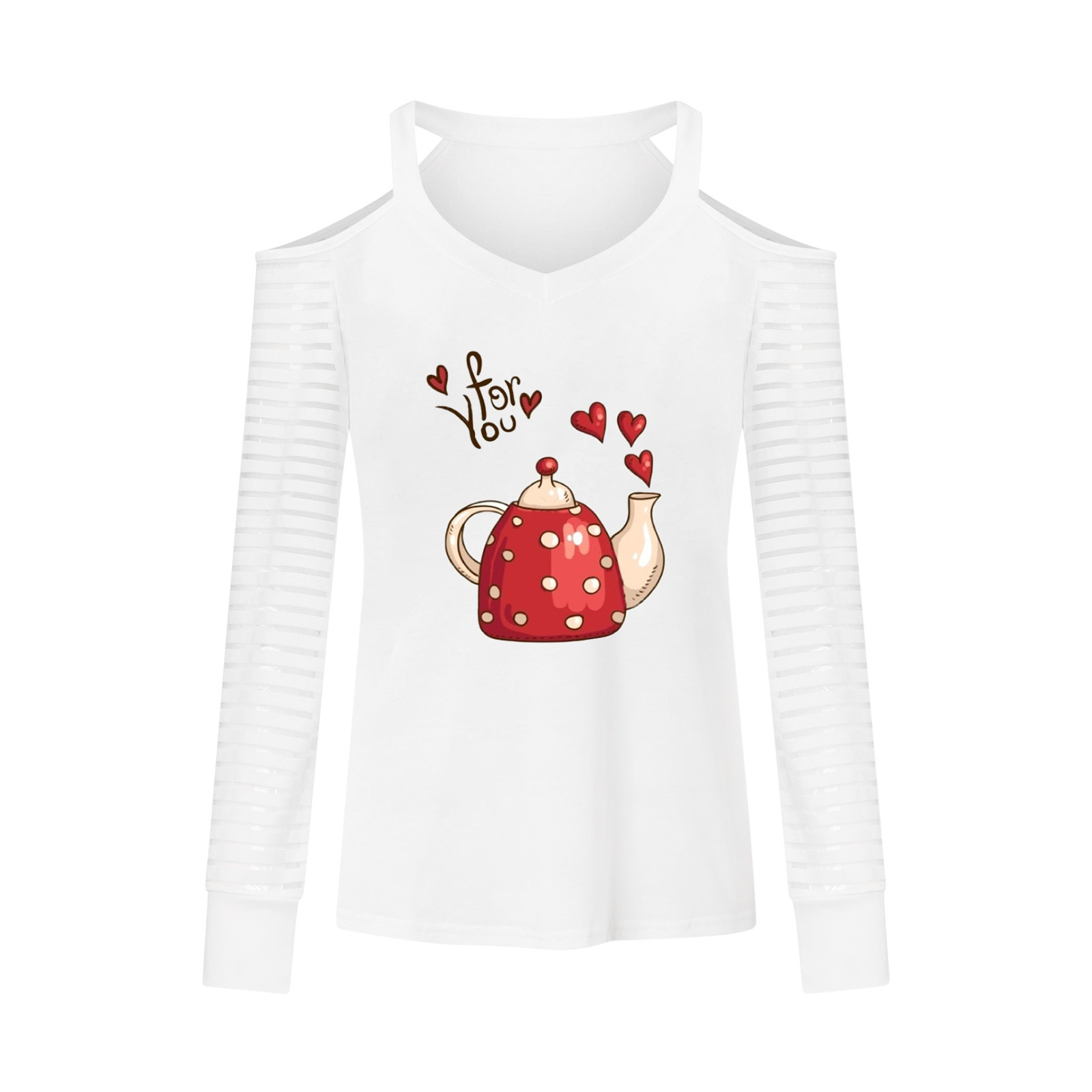 Fashion Stripe Heart Shape Teapot Polyester V Neck Long Sleeve Regular Sleeve Printing Blouse