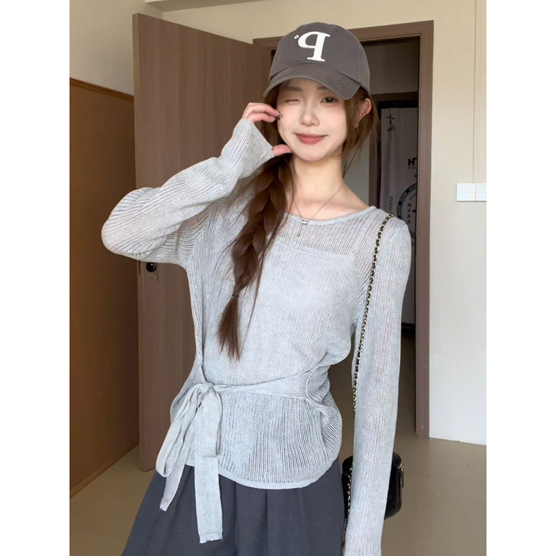 Early Spring Lace-Up Hollow-Out Knit Top for Women, New Plus-Size Slimming Long-Sleeve Thin Sun-Protective Cover-Up Early Spring Lace-Up Hollow-Out Knit Top for Women, New Plus-Size Slimming Long-Sleeve Thin Sun-Protective Cover-Up