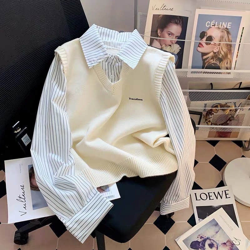 Gray Knitted Sweater Vest Spliced Fake Two-Piece Stripesd Shirt Women's Korean Style Polo Cardigan Top Autum