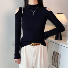 2025新款白色半高领露肩短长t恤女春夏修身纯棉内搭中领半袖上衣