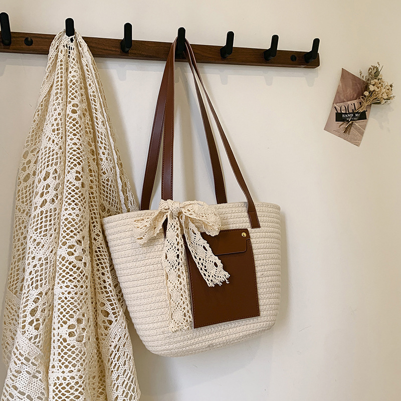 Damen Sommer Strohtasche Mit Farbblock Modische Umhängetasche_voghion.com