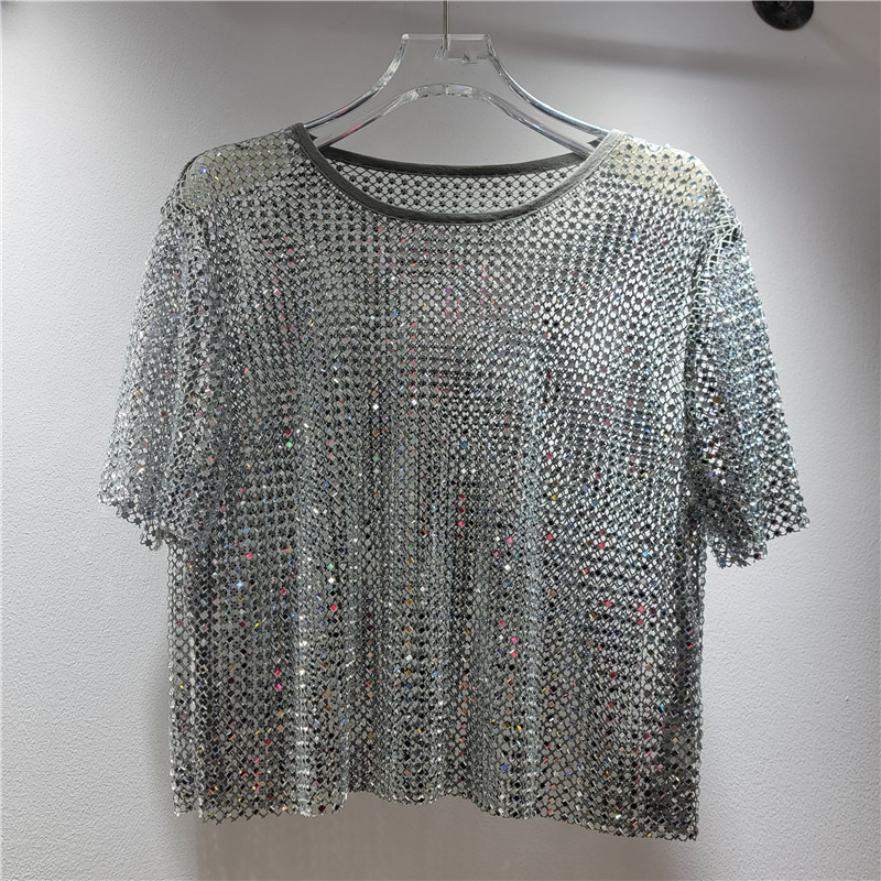 El nuevo producto europeo, la industria pesada, el diamante en caliente, la sensación de frío, el diamante estrellado, el cuello redondo, la blusa de manga corta, la camiseta transparente hueca image 8