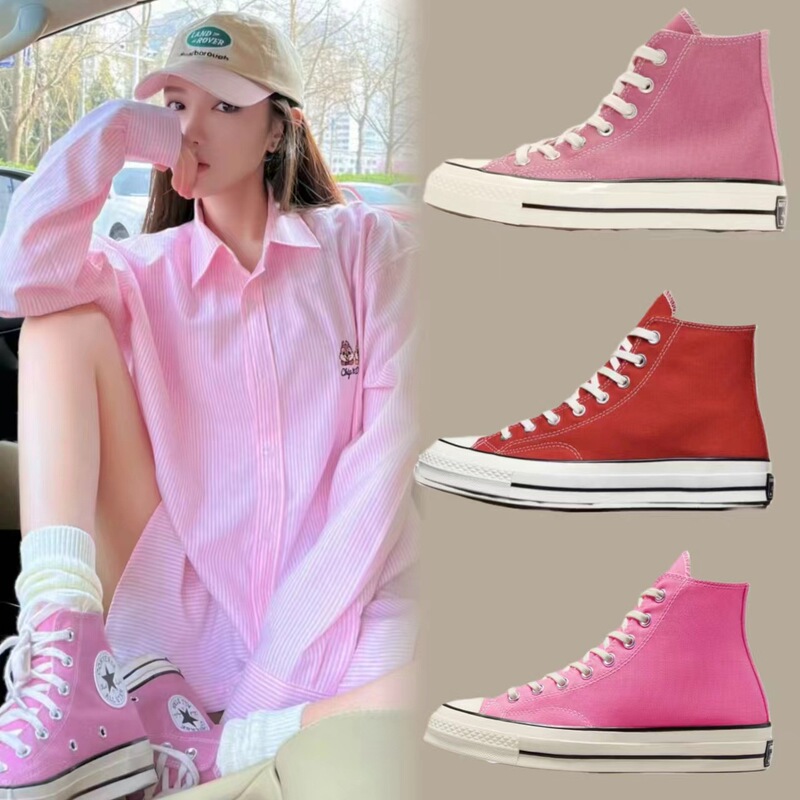 Pink Series Collection 1970S Canvas Shoes with Blue Sole, Double-Strap Vulcanized Shoes, High-Top Retro Fashion Couple's Barbie Pink Shoes