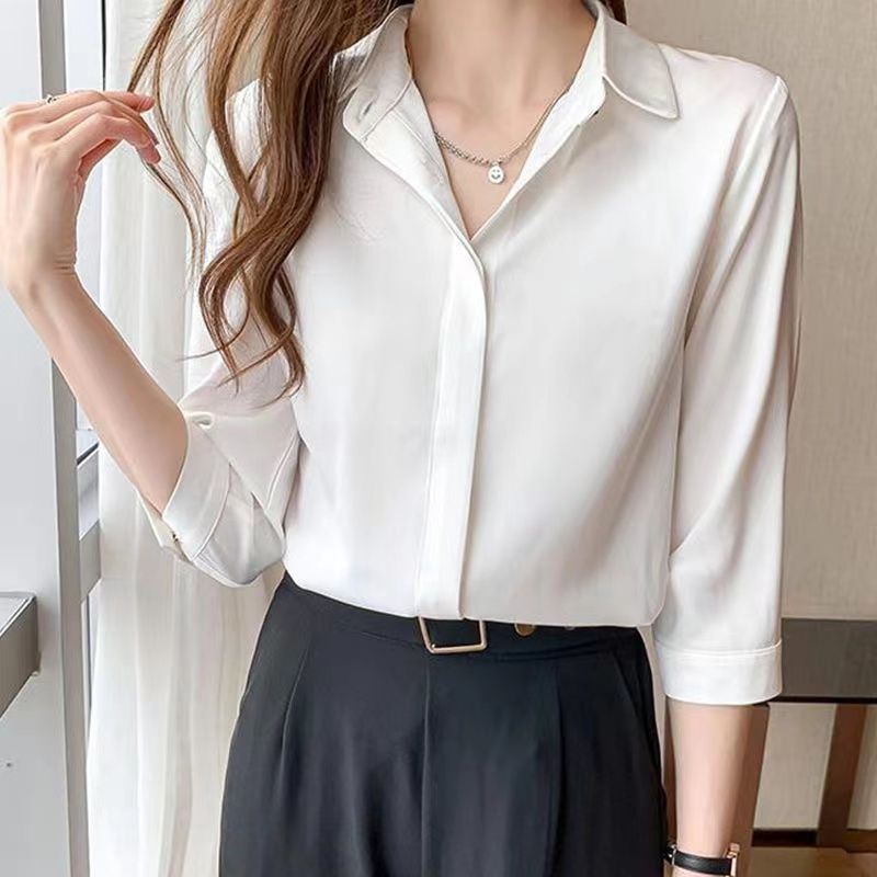 杭州のシルクのシャツの女性の長袖の春秋服の新型の绢糸の上着の白い職業は底のシャツの女性を詰めます。|undefined