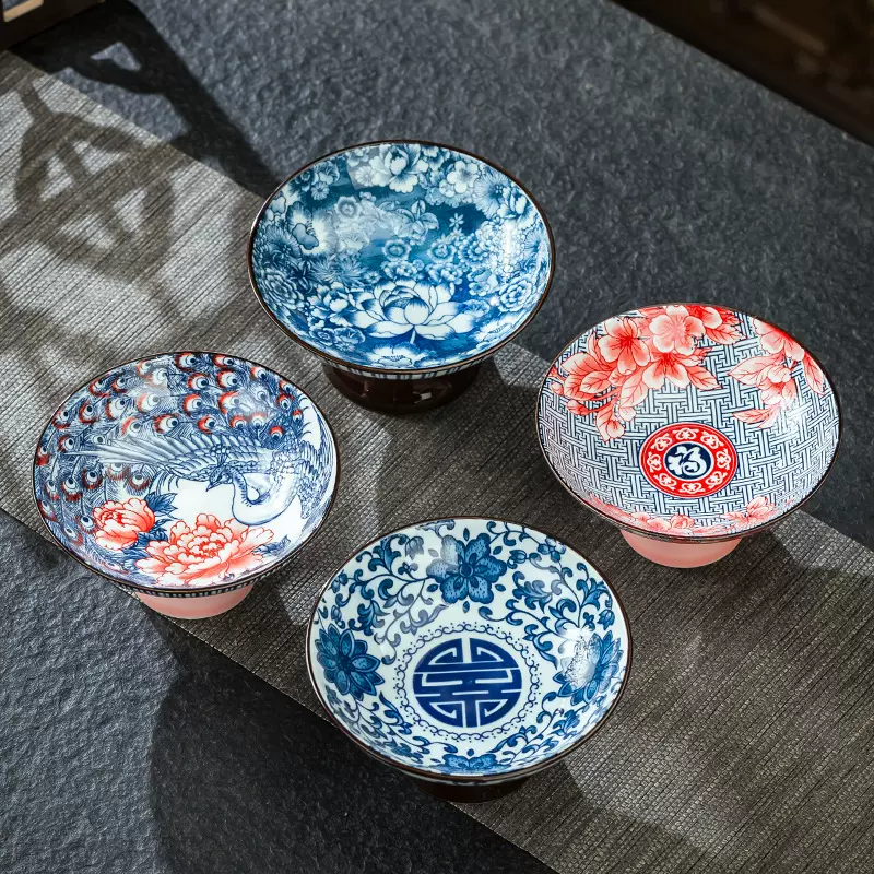 复古青花中式茶点盘高脚水果盘小碟子中式零食点心干果碗陶瓷托盘
